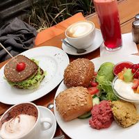 vegan breakfast option I, vegan hot chocolate, fresh juice, avocado sandwich at Ginkgo in Frankfurt