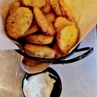 Vegan Fried Pickles - make sure you ask for the vegan dipping sauce at Jet's in Sacramento