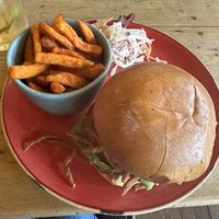 Beyond Burger with sweet potato fries, and vegan bacon and avocado added to it  at Romano Lounge in Colchester