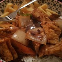 Tofu and black bean sauce, with chips and rice (vg) at Red Star Chinese  in South Shields