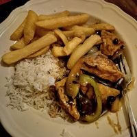 Black bean tofu, boiled rice n chippies at Red Star Chinese  in South Shields