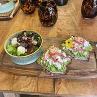 Avocado toast with incredible vegan feta! The salad had an amazing dressing    at Grignote in Pau