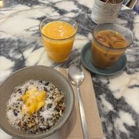 Vegan Chia Pudding, fresh orange juice, cold brew with oat milk  at Hello, Kristof in Lisbon