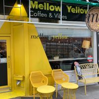 Front of cafe at Mellow Yellow Coffee and Vibes in New York City
