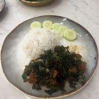 Main dish - crispy pork belly with basil   at Kem-Kon Pahurat (เข้ม-ข้น พาหุรัด) in Bangkok