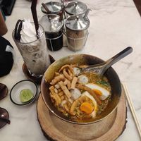 Tom yum soup with Oreo milkshake at Kem-Kon Pahurat (เข้ม-ข้น พาหุรัด) in Bangkok
