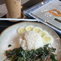 iced espresso with soy whip! spicy chili basil pork and rice. Amazing lunch   at Kem-Kon Pahurat (เข้ม-ข้น พาหุรัด) in Bangkok