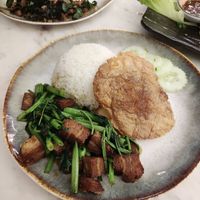 Morning glory pork with 'fried egg' at Kem-Kon Pahurat (เข้ม-ข้น พาหุรัด) in Bangkok