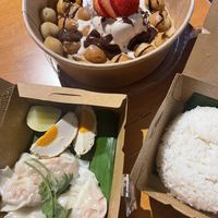 bubble waffle with strawberry crumble ice cream, dumplings with tom kha soup, side of ricee  at Kem-Kon Pahurat (เข้ม-ข้น พาหุรัด) in Bangkok