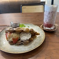 strawberry cream cheese drink. waffle  at Kem-Kon Pahurat (เข้ม-ข้น พาหุรัด) in Bangkok