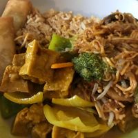 Tofu with satay sauce, fried rice, veg noodles and spring rolls   at Wawin Vegan Chinese in Glasgow