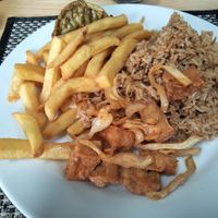 Salt & pepper tofu, chips, fried rice at Wawin Vegan Chinese in Glasgow