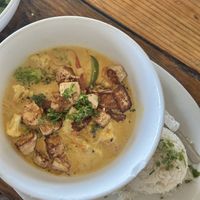 Coconut curry with tofu and veggies  at Barefoot Caribe in Caye Caulker