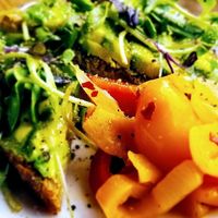 Avocado on fresh sour dough served with pickled veges at Happy Girl Kitchen in Pacific Grove