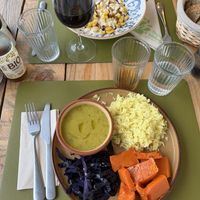 rice, chickpea soup and veggies   at Fermento Officina Zero in Ragusa