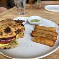 American burger w/ yuca fries + dips  at Whole Harvest Kitchen in Leawood