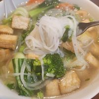 Pho noodle soup with tofu, veggies, and veggie broth at Pho Midway in Dallas