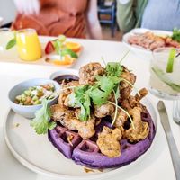 Ube waffle with fried mushrooms at An An  in Portland