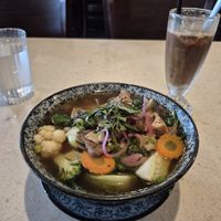 Pho and coconut coffee at The Hestia Veggie in Vancouver