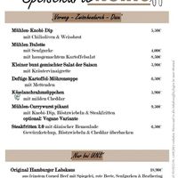 Vegan: Mühlen-Currywurst; Vegetarisch: Käselauchrahmsüppchen, Steakfritten 2.0 at Neumarkt Mühle in Osnabrueck