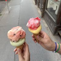 Basilikum und eine Special Sommer Sorte links, Mango und Felix rechts   at Veganista Ice Cream I in Vienna