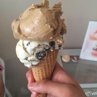 Double scoop of soy ice creams (cappuccino and cookies) in a cone -- DELICIOUS!  at Veganista Ice Cream I in Vienna