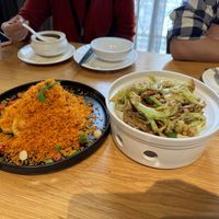 Fried eggplant with minced fried carrot over it and dry pot cauliflower  at Rushisu in Dongguan
