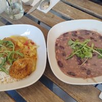 Beans stew and lesos (Hungarian dish) of cabbage rice sweet pepper and seitan at Ablak a Bablak  in Veszprem