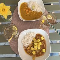 Sweet potato and chickpea curry; Lecsó with rice and tofu “eggs”  at Ablak a Bablak  in Veszprem