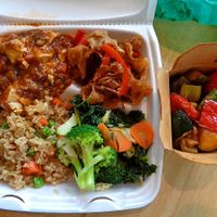 Large Combo with Ma Po Tofu, Beijing Mushrooms, Kung Pao Gardein Chickn, Veg Fried Rice, and Mixed Greens. Delicious! at Bodhi Express in Westlake