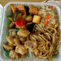 Medium Combo with the new General Tso Tofu and the new Basil Mushrooms entrees and Lo Mein noodles and Fried Rice sides. Delicious! at Bodhi Express in Westlake