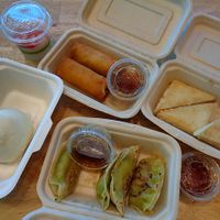 Red Bean Bun, Almond Jelly, Spring Rolls, Crispy Tofu Squares, Potstickers. Apps came with sesame soy dipping sauce. All perfect, but the tofu was our fave. at Bodhi Express in Westlake