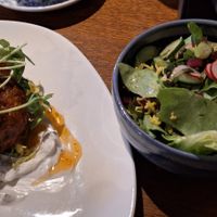 Carrot and red onion bhaji and green salad at The Mill House in Hook