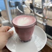 Pink latte made with beetroot powder  at Pip & Oat in Llandudno