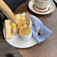 Dippy vegan egg and toast  at Pip & Oat in Llandudno