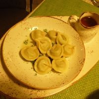 Dumplings with pea filling and delicious broth at Vegafe - Totoriu g. in Vilnius
