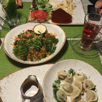 pea dumplings, carrot and squash salad, cheese steak at Vegafe - Totoriu g. in Vilnius