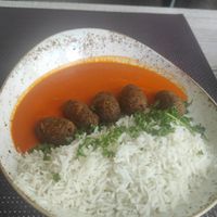 "Meatball" with tomato suce and rice at Vegafe - Totoriu g. in Vilnius