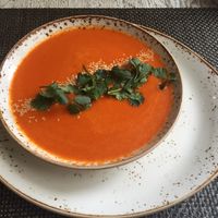 Vegan sweet potatoe red bell pepper soup at Vegafe - Totoriu g. in Vilnius
