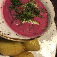 Traditional Lithuanian cold beetroot soup  at Vegafe - Totoriu g. in Vilnius