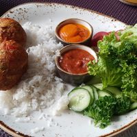 Vegetable bhaji with rice at Vegafe - Totoriu g. in Vilnius