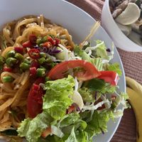 Pad Thai, Veg Fried Rice, Winter melon mushroom soup and Salad w Fresh Chilis. Banana for scale.  at Phet Phangan Local Municipal - เทศบาลตำบลเพชรพะงัน - Maybe closed in Koh Phangan