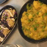 Channa chaat (v) can be made vegan by removing the yoghurt, and the aloo mutter (ve) vegan as standard.   at Darjeeling Express  in London