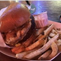 Vegan version of The Works burger w/ side of fries.  at Sideburns in Long Beach