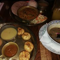 Ladyfingers potato curry, fried shi momos, kuwati bean soup at Tibet Haus in Berlin