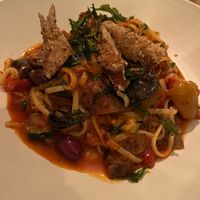Pasta of the day made vegan for us - marinara, tomato, artichoke, olive, capers, chile flake... at Woolsey Creek Bistro in Revelstoke