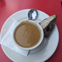 Yellow split pea soup and rosemary potato bread. at Baba Louie's in Hudson