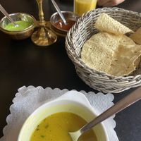 Vegetable soup and complementary snack.  at Royal Curry Indian Cuisine in Krakow
