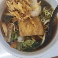 vegan udon soup. comes with kitsune (sweet tofu), mochi, tempura and plenty of veg at Kasu Udon Ebisuya 2 Go-Shop in Osaka