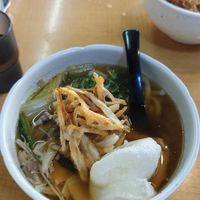 Vegan udon soup with crispy rice mochi(soup will soften) at Kasu Udon Ebisuya 2 Go-Shop in Osaka